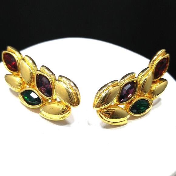 Vintage Swarovski Leaf Earrings, Gold Plated Red Green Purple Rhinestones, 1990s - Picture 10 of 10